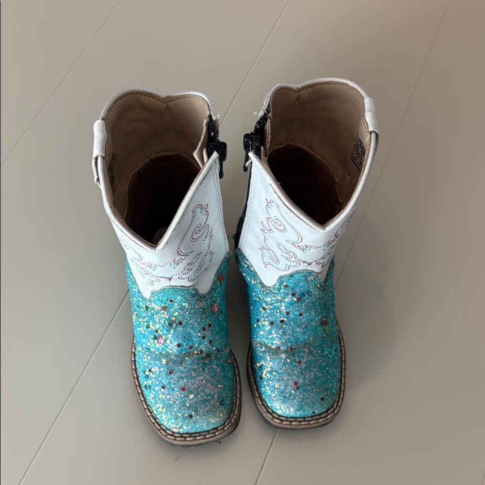 Old West Glittery Teal and White Cowboy Boots